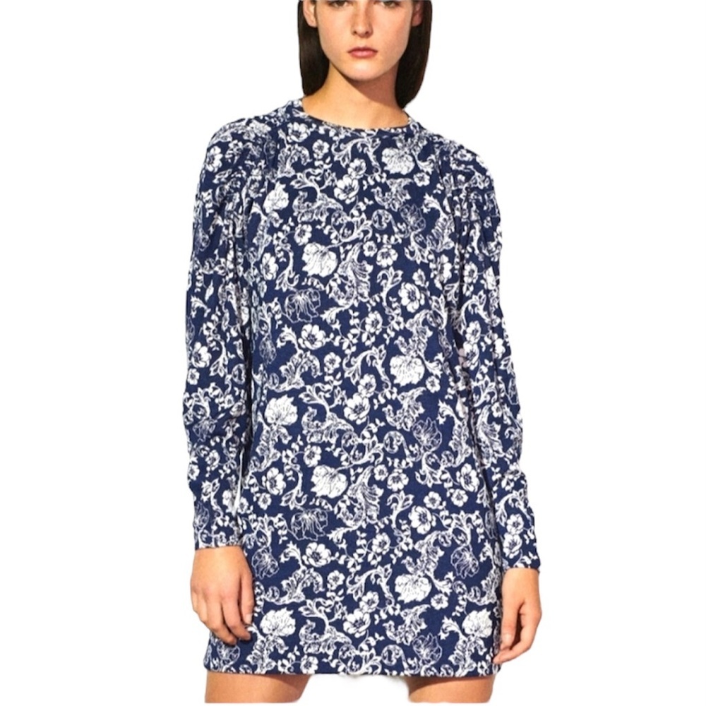 Zara Jacquard Long Sleeve Floral Dress Navy White M